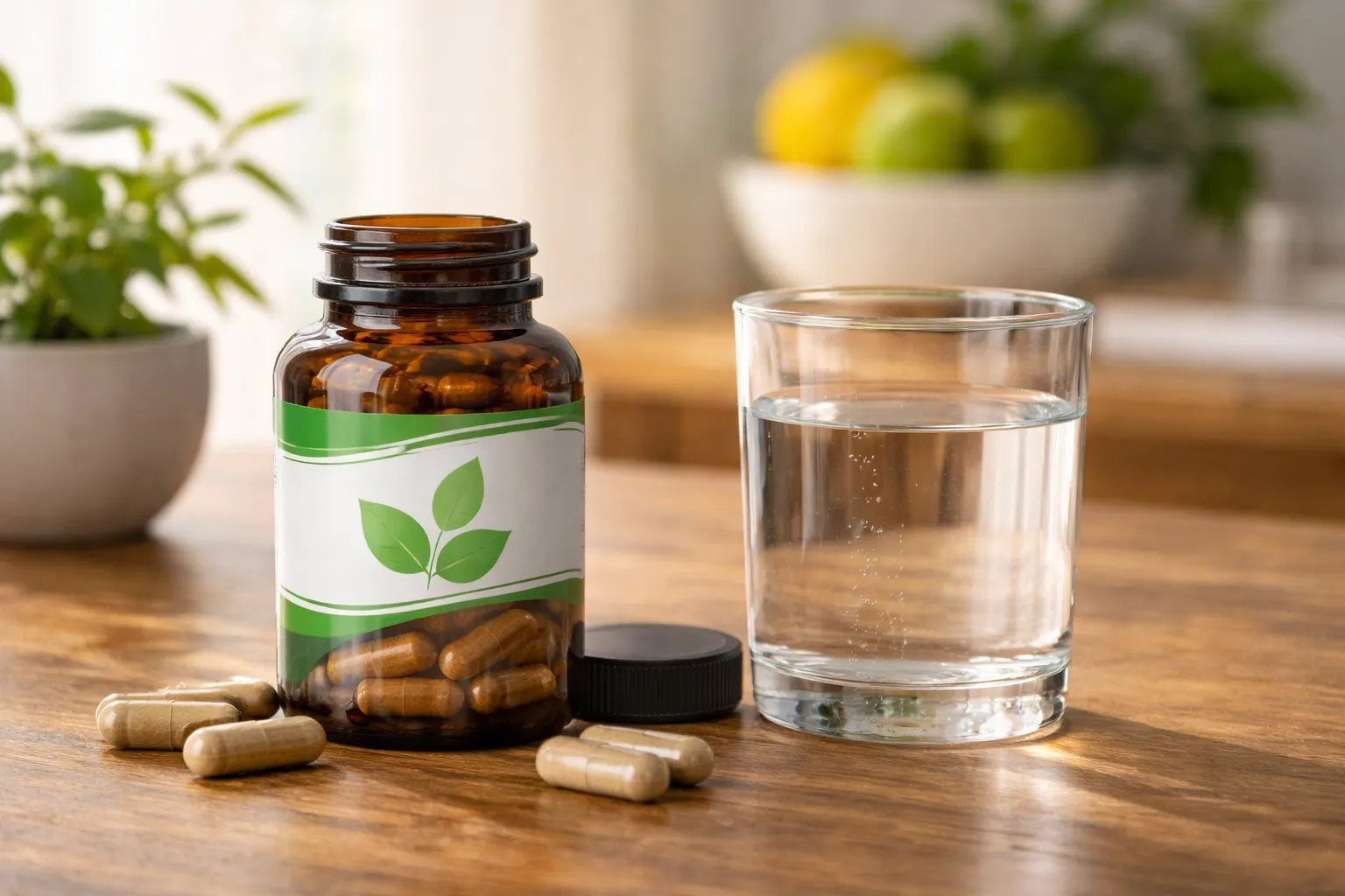 A supplement beside a glass of water