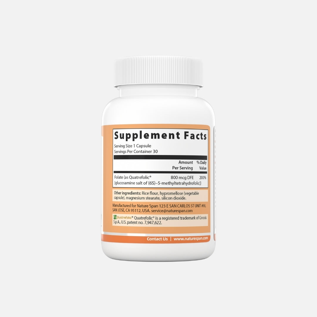 The supplement facts of Nature Span® Folate 5-Methyltetrahydrofolic Acid 400 mcg supplements, with a white label and orange and white branding.