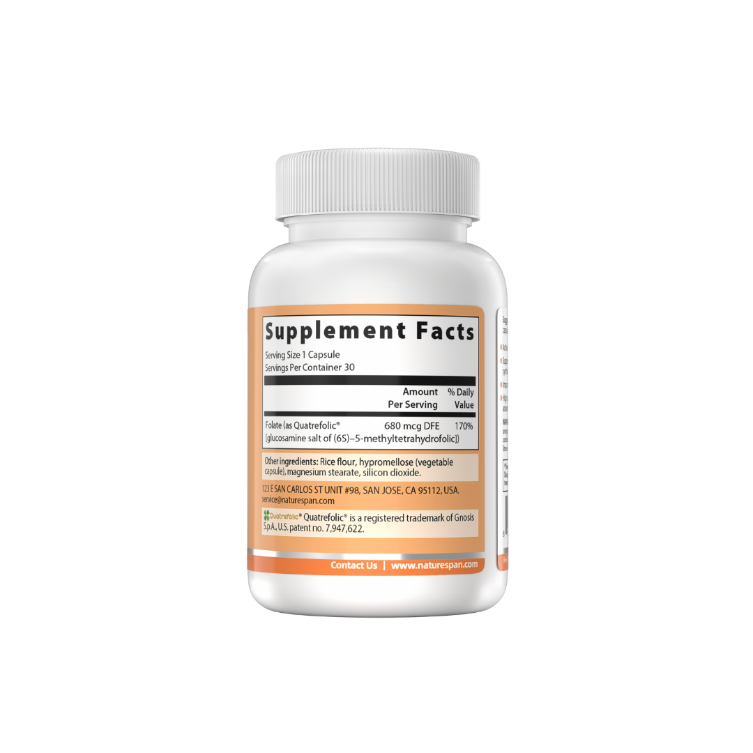 The supplement facts of NatureSpan® Folate 5-Methyltetrahydrofolic Acid 400 mcg supplements, with a white label and orange and white branding.