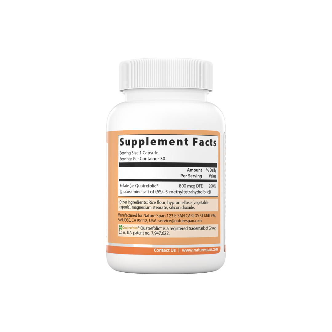 The supplement facts of Nature Span® Folate 5-Methyltetrahydrofolic Acid 400 mcg supplements, with a white label and orange and white branding.