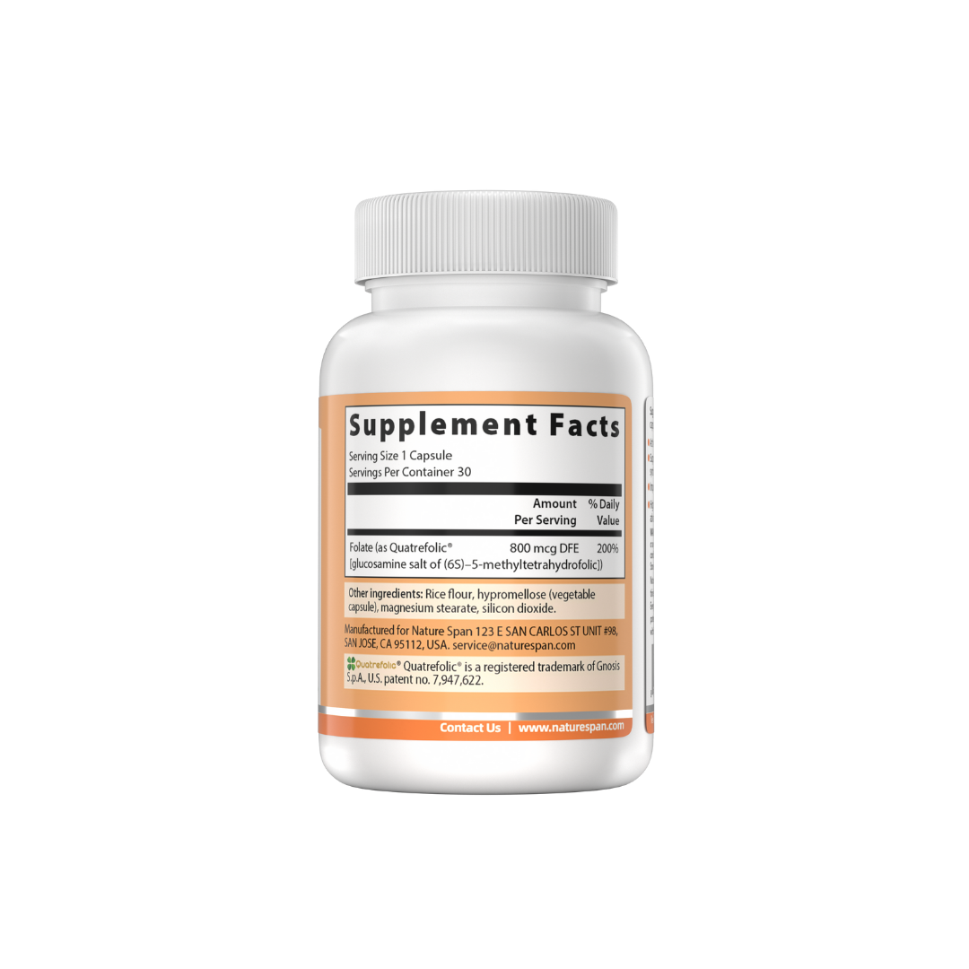 The supplement facts of NatureSpan® Folate 5-Methyltetrahydrofolic Acid 800 mcg supplement, white and orange label with product information.