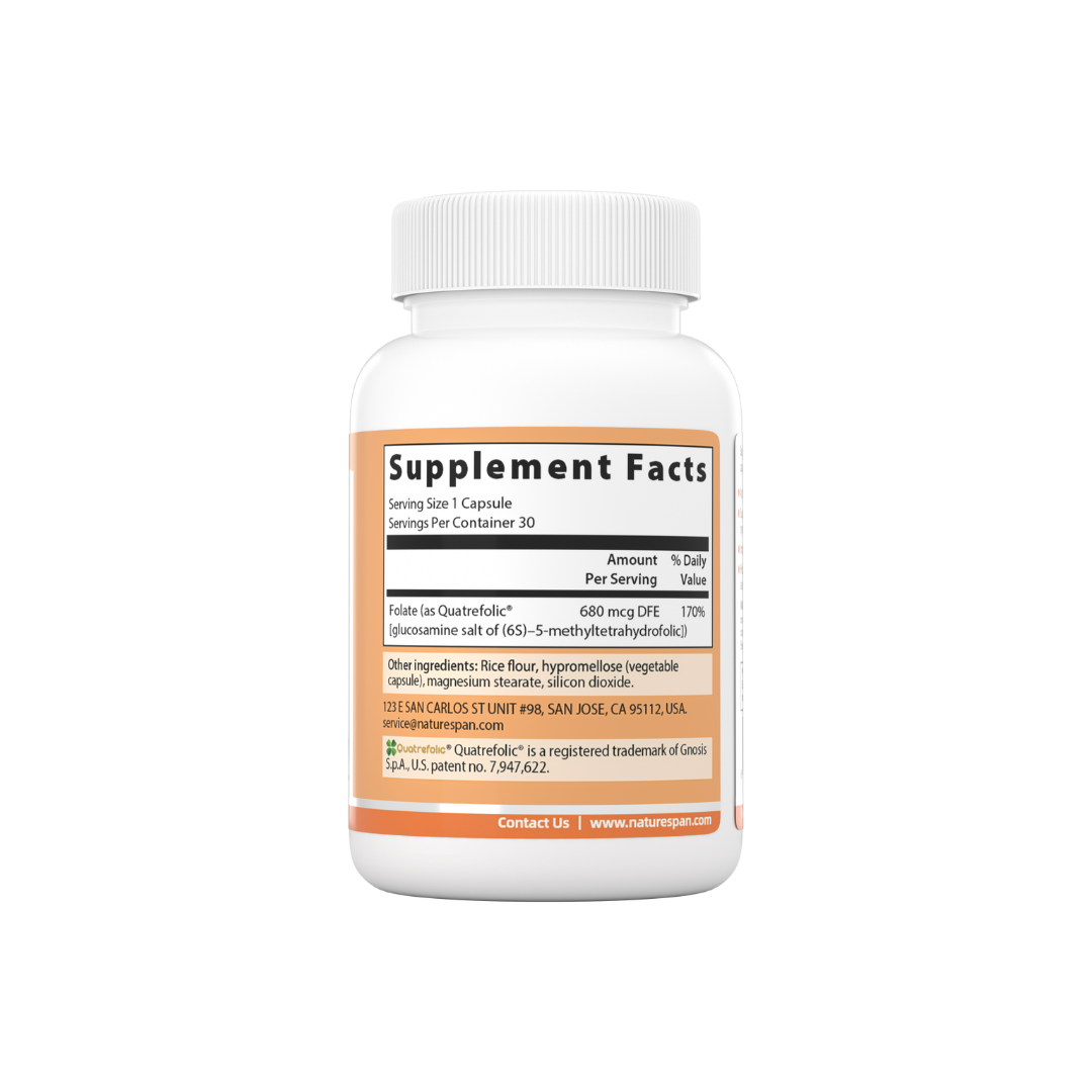 The supplement facts of Nature Span® Folate 5-Methyltetrahydrofolic Acid 800 mcg supplements, with a white label and orange and white branding.