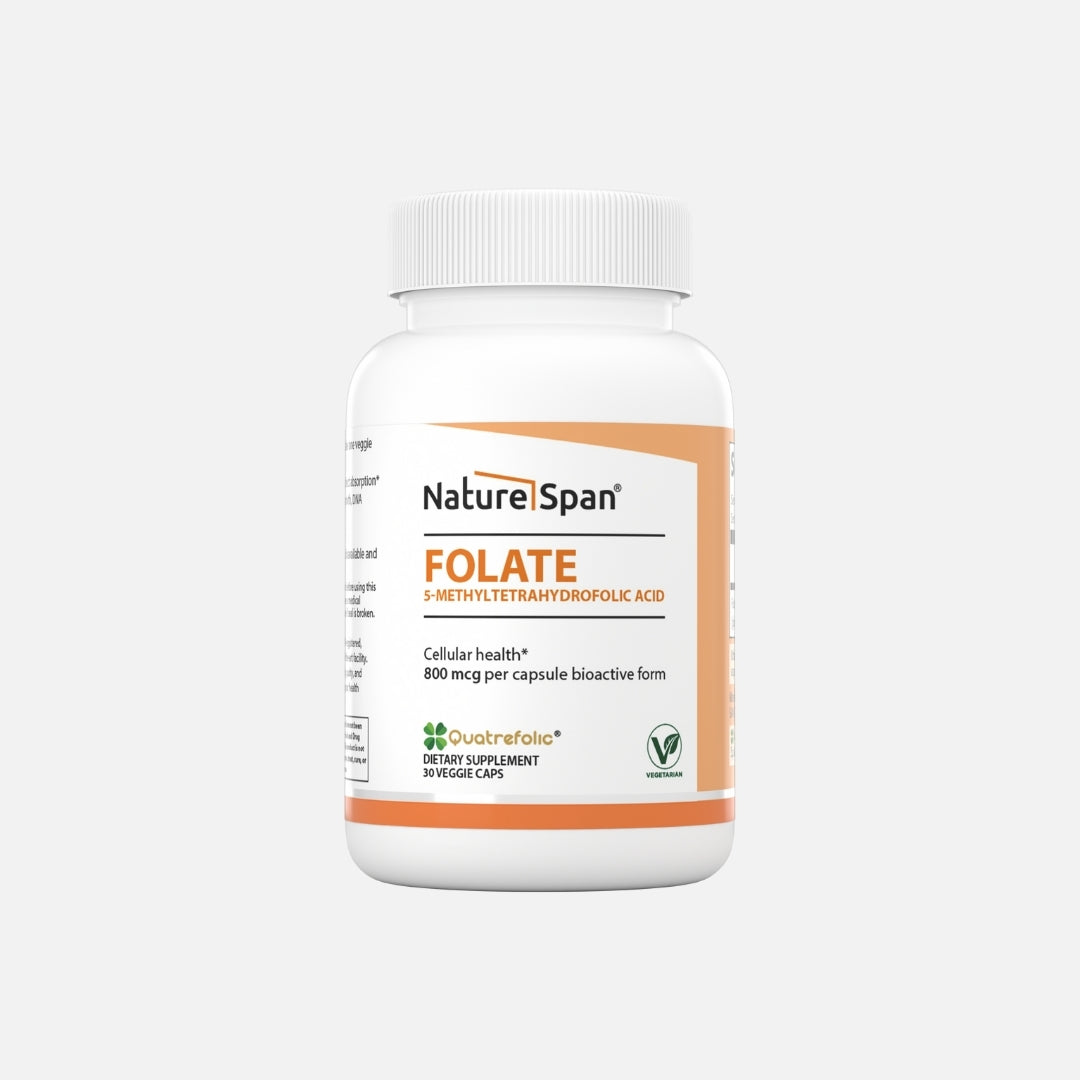 The bottle of Nature Span® Folate 5-Methyltetrahydrofolic Acid 800 mcg supplements, with a white label and orange and white branding
