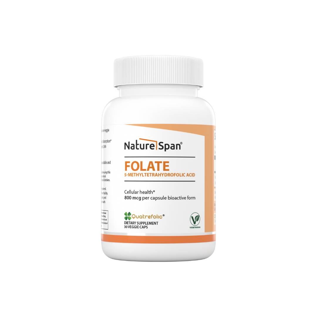 The bottle of Nature Span® Folate 5-Methyltetrahydrofolic Acid 800 mcg supplements, with a white label and orange and white branding