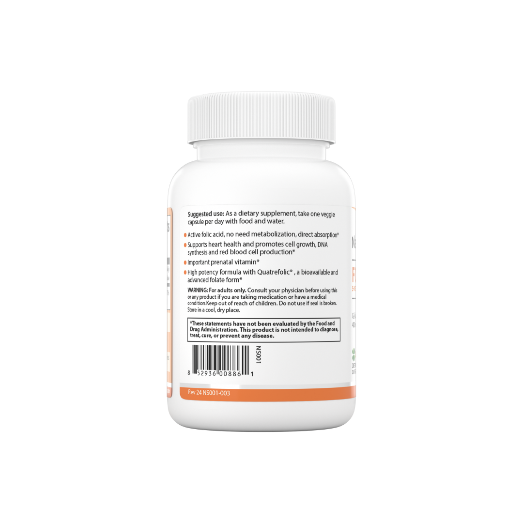 The backside of Nature Span® Folate 5-Methyltetrahydrofolic Acid 800 mcg supplements, with a white label and orange and white branding.