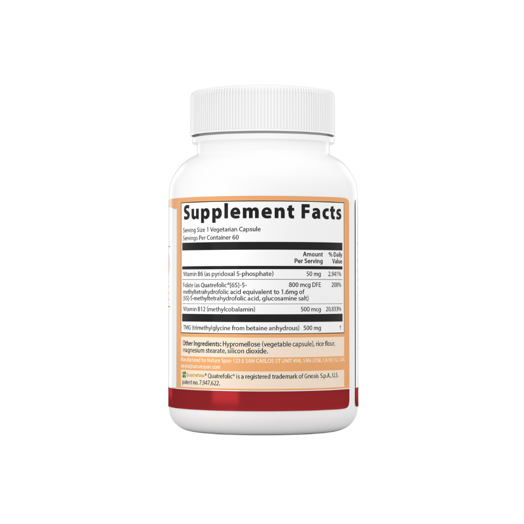 The supplement facts of Nature Span® Tri-Layer Tablets Activated Homocysteine with red and white color scheme.