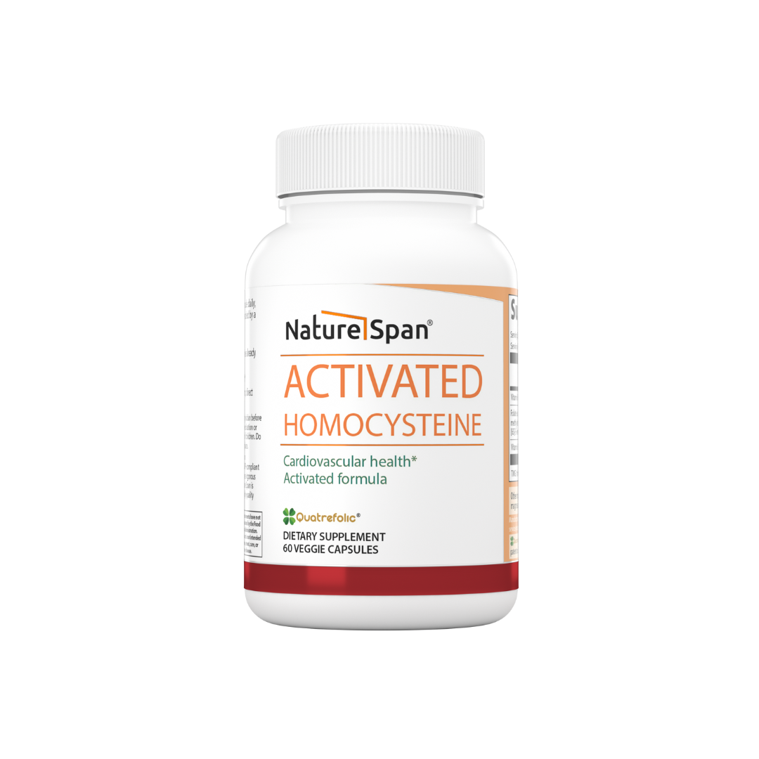 A box of Nature Span® Tri-Layer Tablets Activated Homocysteine with red and white color scheme.