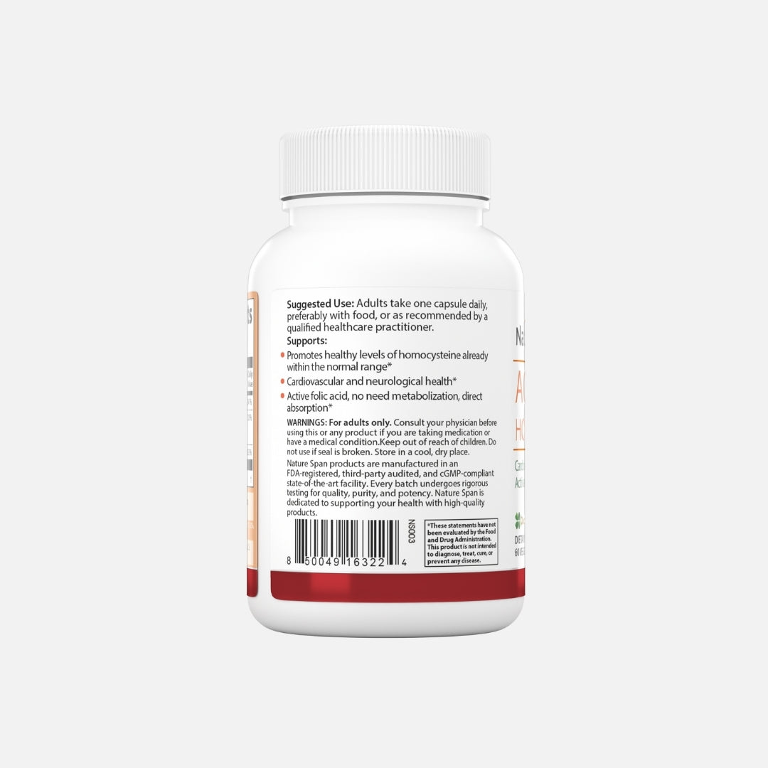 The backside of Nature Span® Tri-Layer Tablets Activated Homocysteine with red and white color scheme.