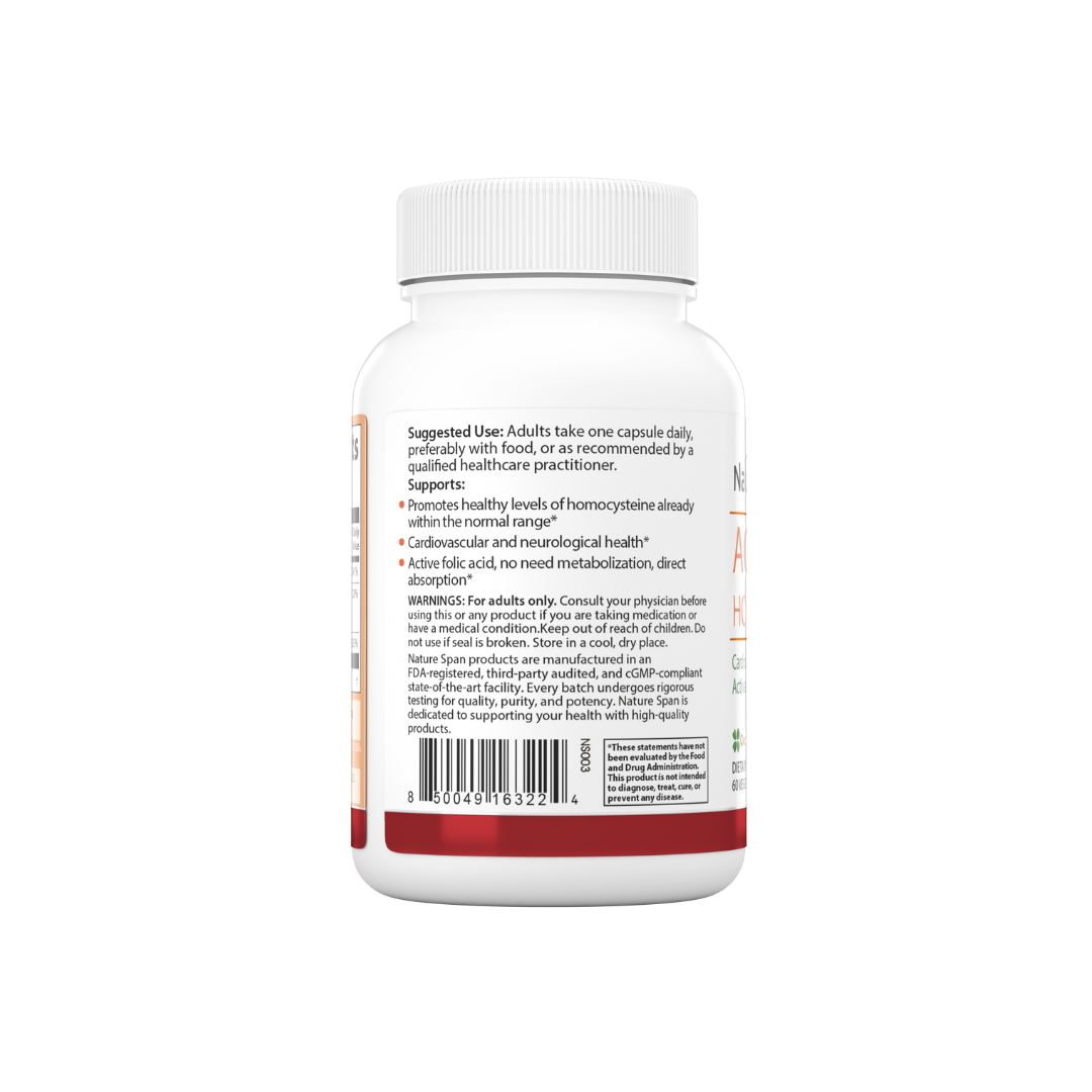 The backside of Nature Span® Tri-Layer Tablets Activated Homocysteine with red and white color scheme.