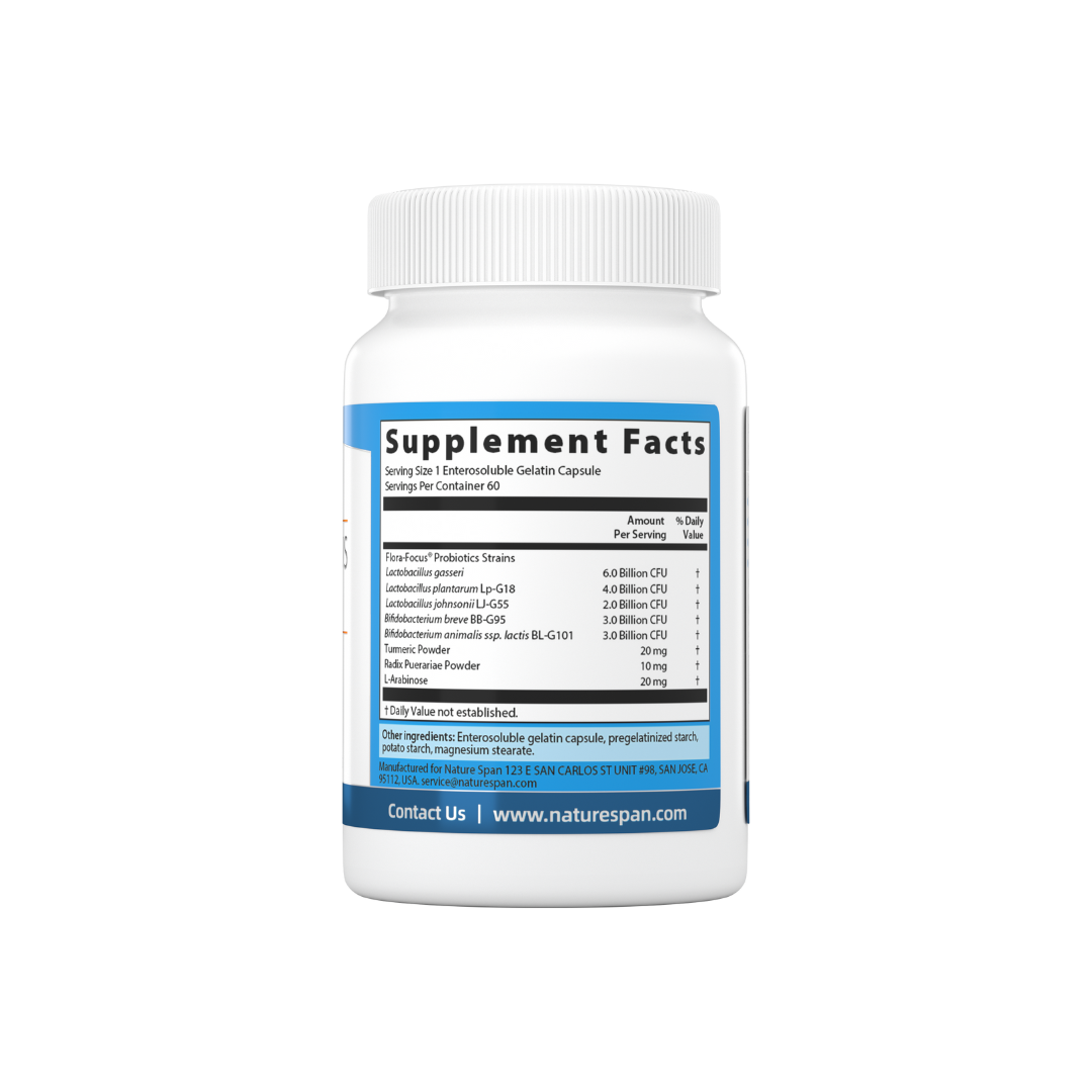 The supplement facts of Nature Span® Lactobacillus Gasseri dietary supplement with blue and white labeling.