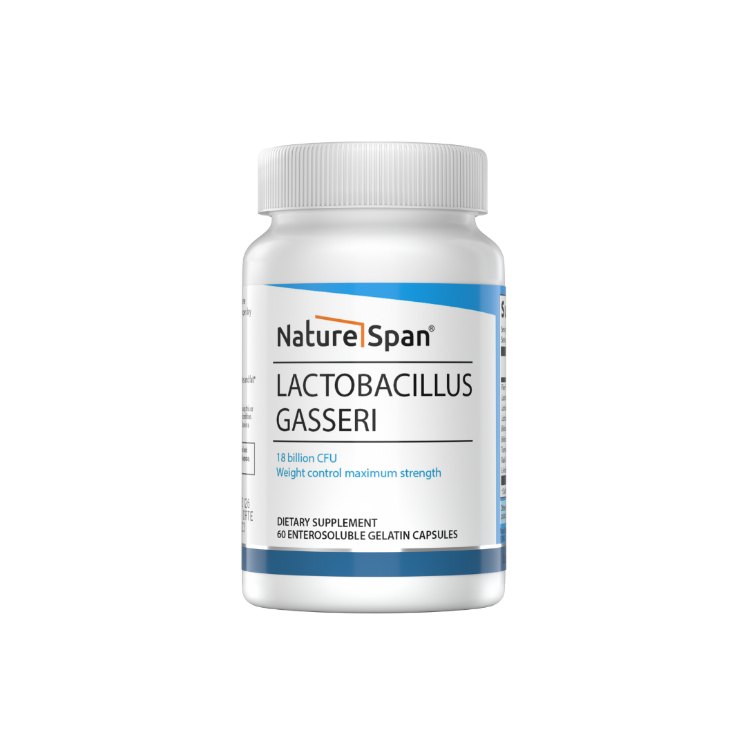 A bottle of NatureSpan® Lactobacillus Gasseri dietary supplement with blue and white labeling.