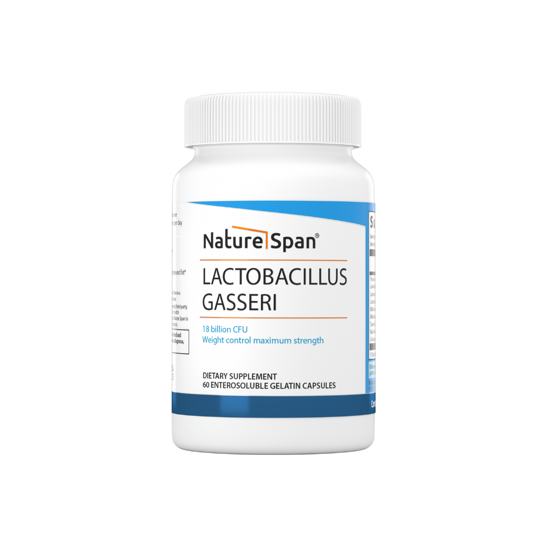 A bottle of Nature Span® Lactobacillus Gasseri dietary supplement with blue and white labeling.