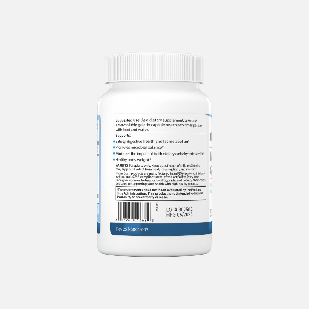 The backside of Nature Span® Lactobacillus Gasseri dietary supplement with blue and white labeling.