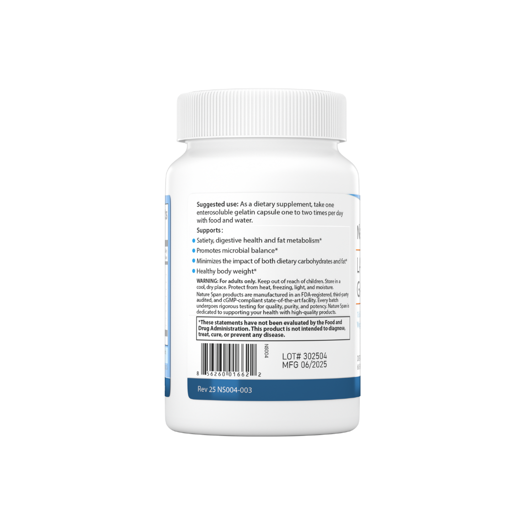 The backside of Nature Span® Lactobacillus Gasseri dietary supplement with blue and white labeling.
