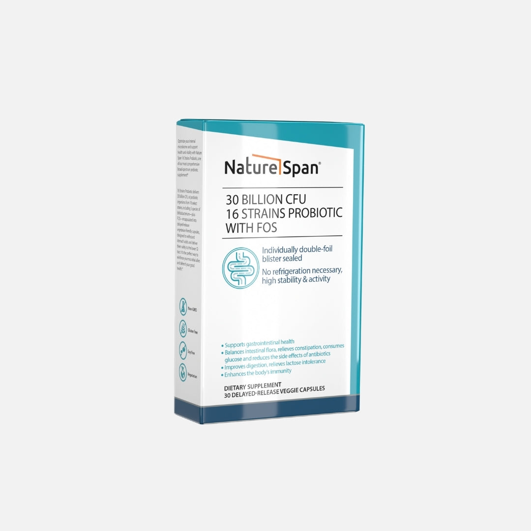 A box of Nature Span® probiotic supplement with the text '30 Billion CFU 16-Strain Probiotic with FOS' displayed on the front.