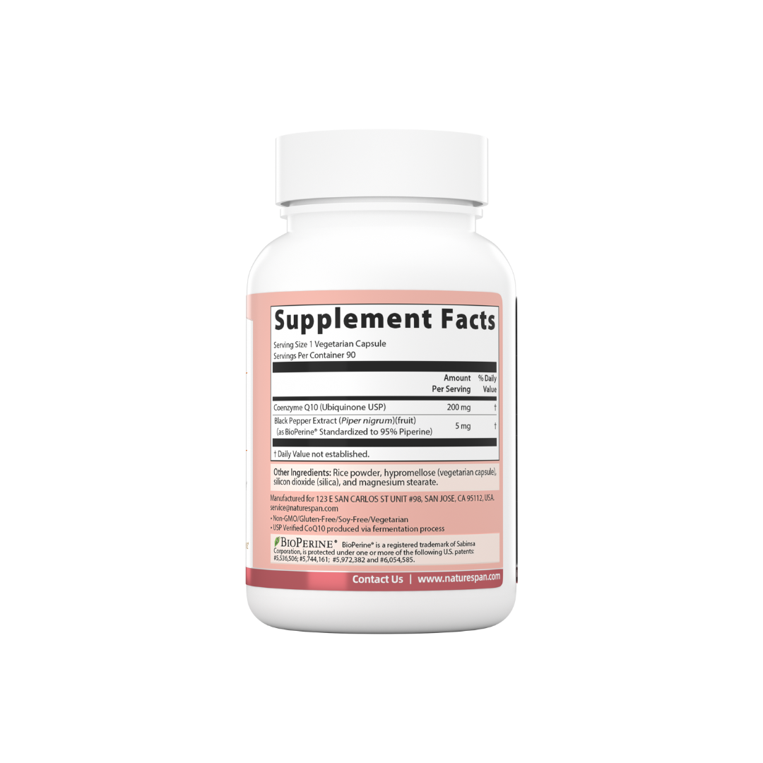 The supplement facts of Nature Span® CoQ10 200mg supplement with black pepper extract.