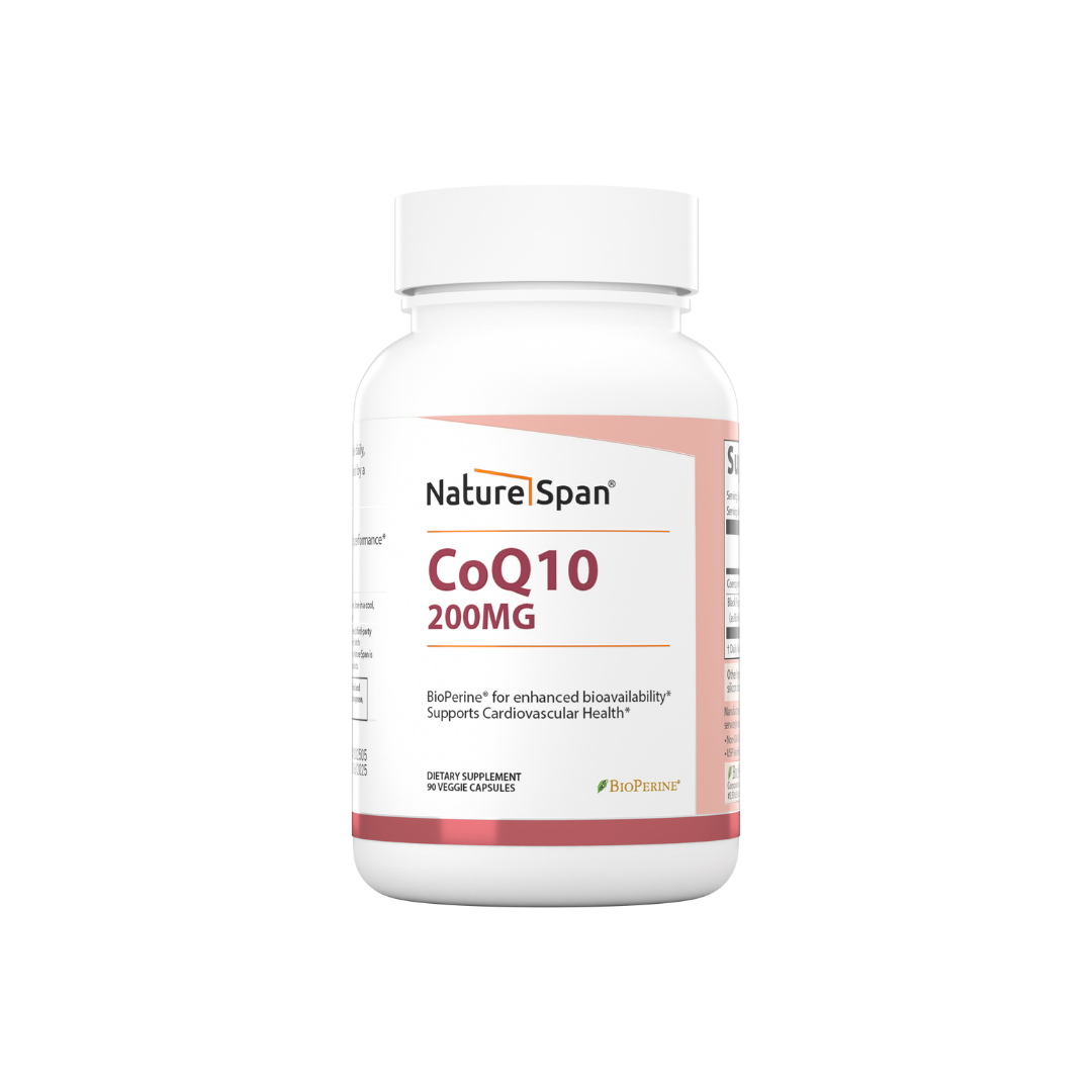 A bottle of Nature Span® CoQ10 200mg supplement with black pepper extract.