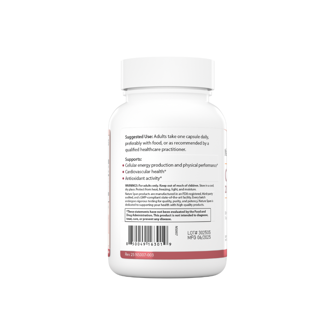 The backside of a bottle of Nature Span® CoQ10 200mg supplement with black pepper extract.