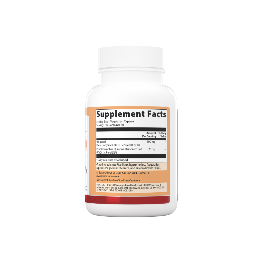 The supplement facts of Nature Span® Super CoQ10 Ubiquinol 100 mg with PQQ 20 mg dietary supplement.
