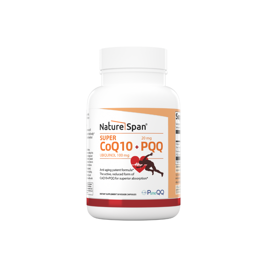 A bottle of Nature Span® Super CoQ10 Ubiquinol 100 mg with PQQ 20 mg dietary supplement.