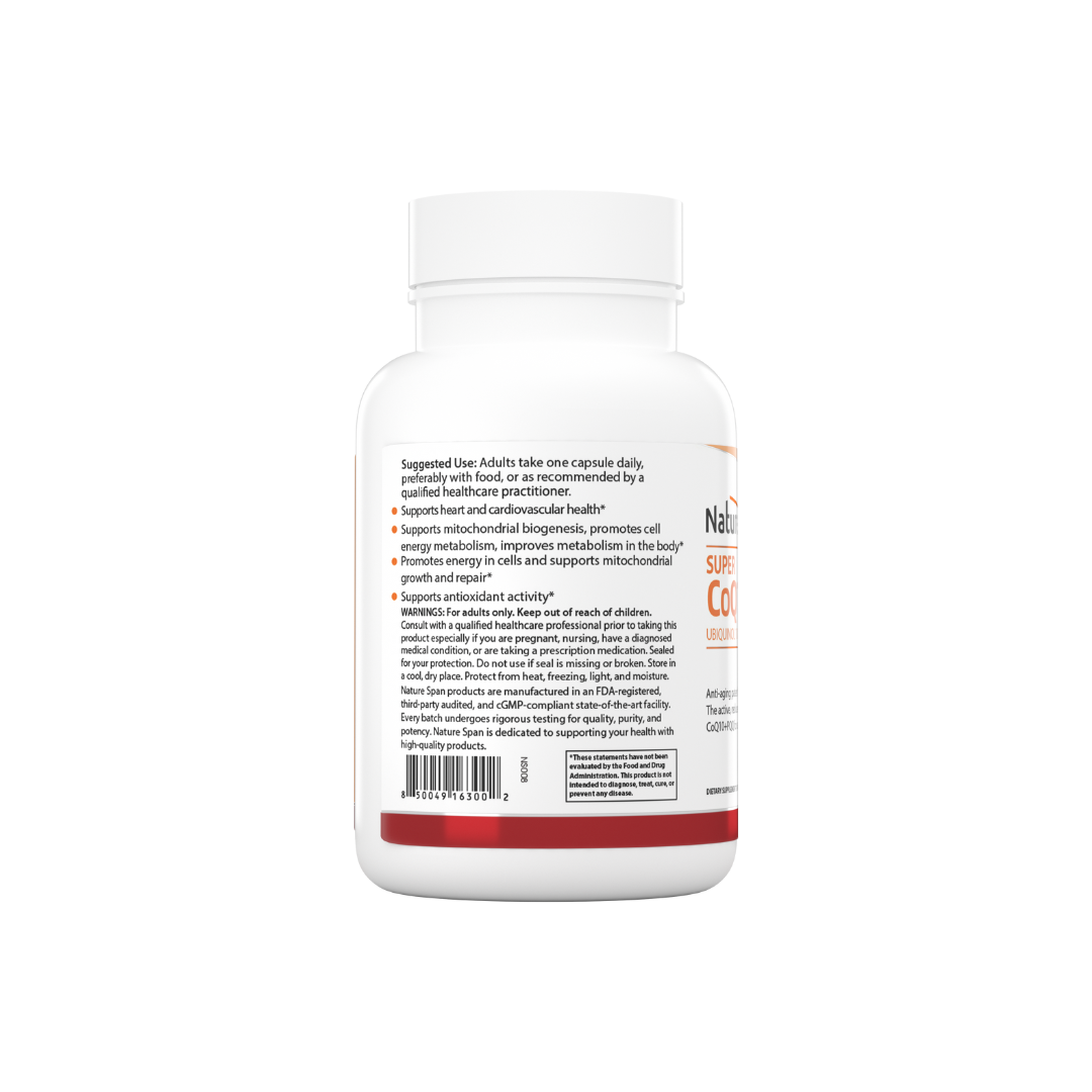 The backside of a bottle of Nature Span®Super CoQ10 Ubiquinol 100 mg with PQQ 20 mg dietary supplement.
