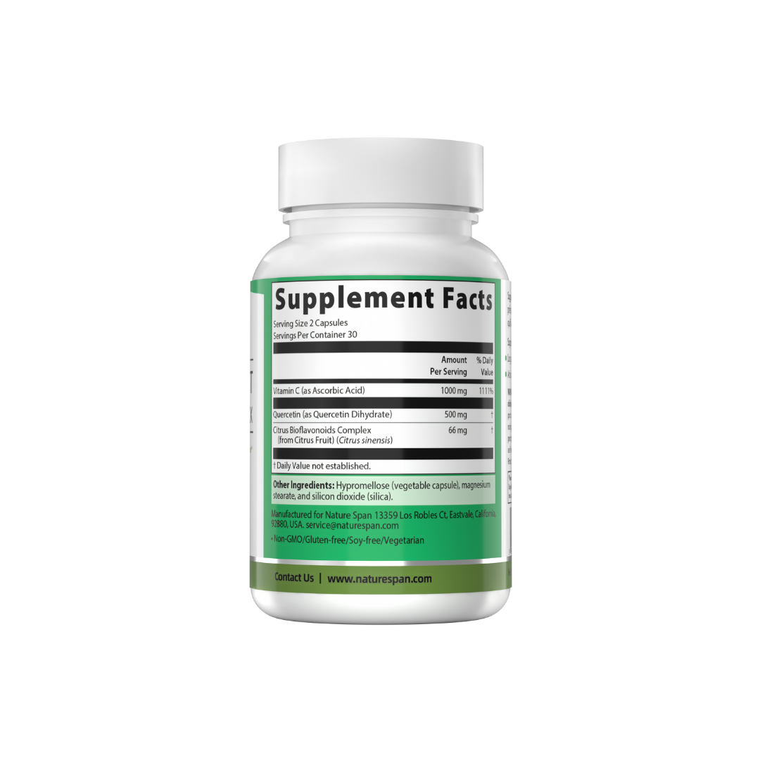 The supplement facts of NatureSpan® Lung Support Quercetin Complex dietary supplement with capsules inside, labeled for supporting lung health.