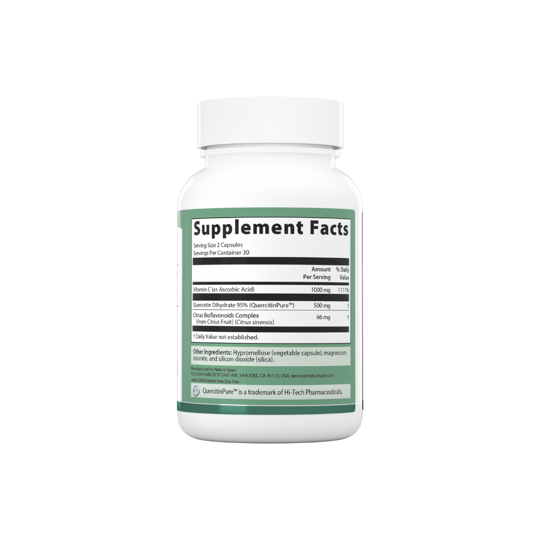 The supplement facts of Nature Span® Lung Support Quercetin Complex dietary supplement with capsules inside, labeled for supporting lung health.