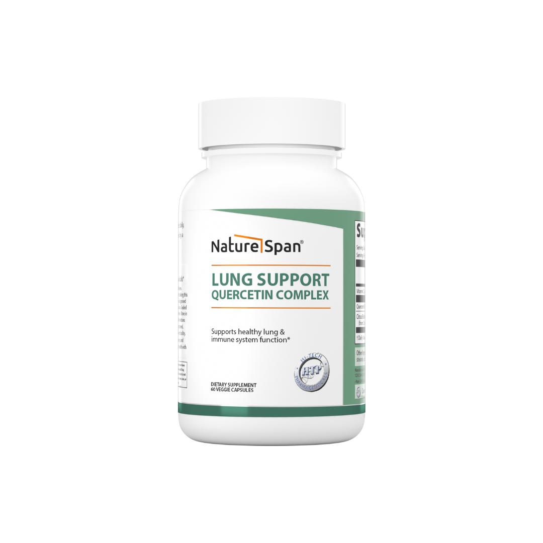 A bottle of Nature Span® Lung Support Quercetin Complex dietary supplement with capsules inside, labeled for supporting lung health.