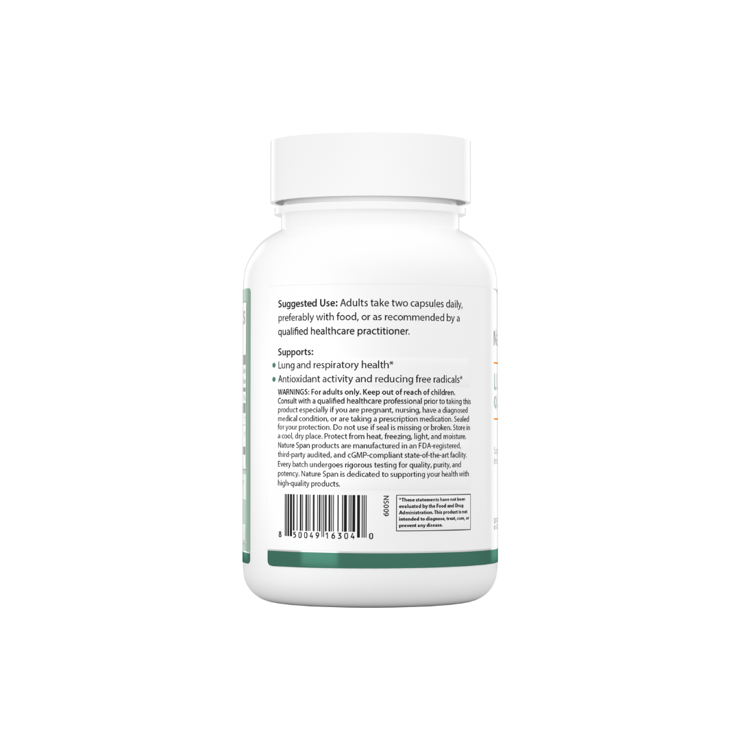 The backside of a bottle of Nature Span® Lung Support Quercetin Complex dietary supplement with capsules inside, labeled for supporting lung health.