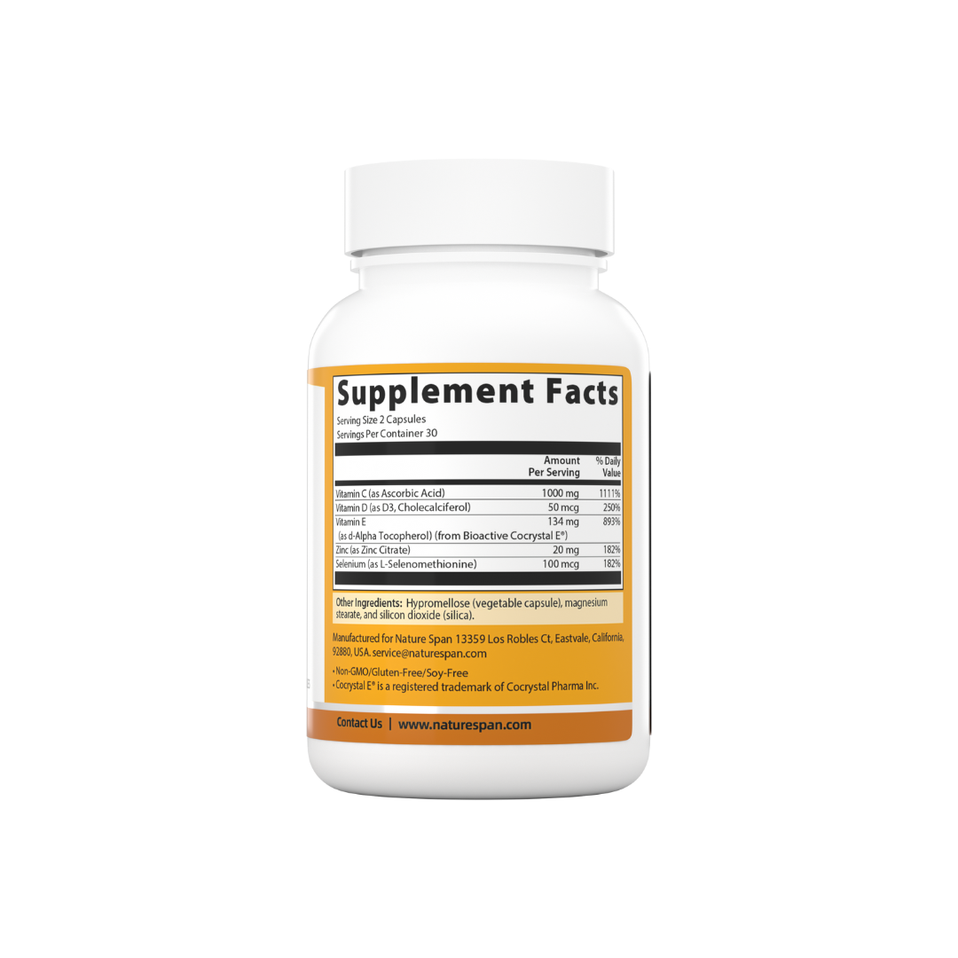 The supplement facts of Nature Span® Immune Cell Defense 5 supplement with white and gold label, featuring a star symbol and text.