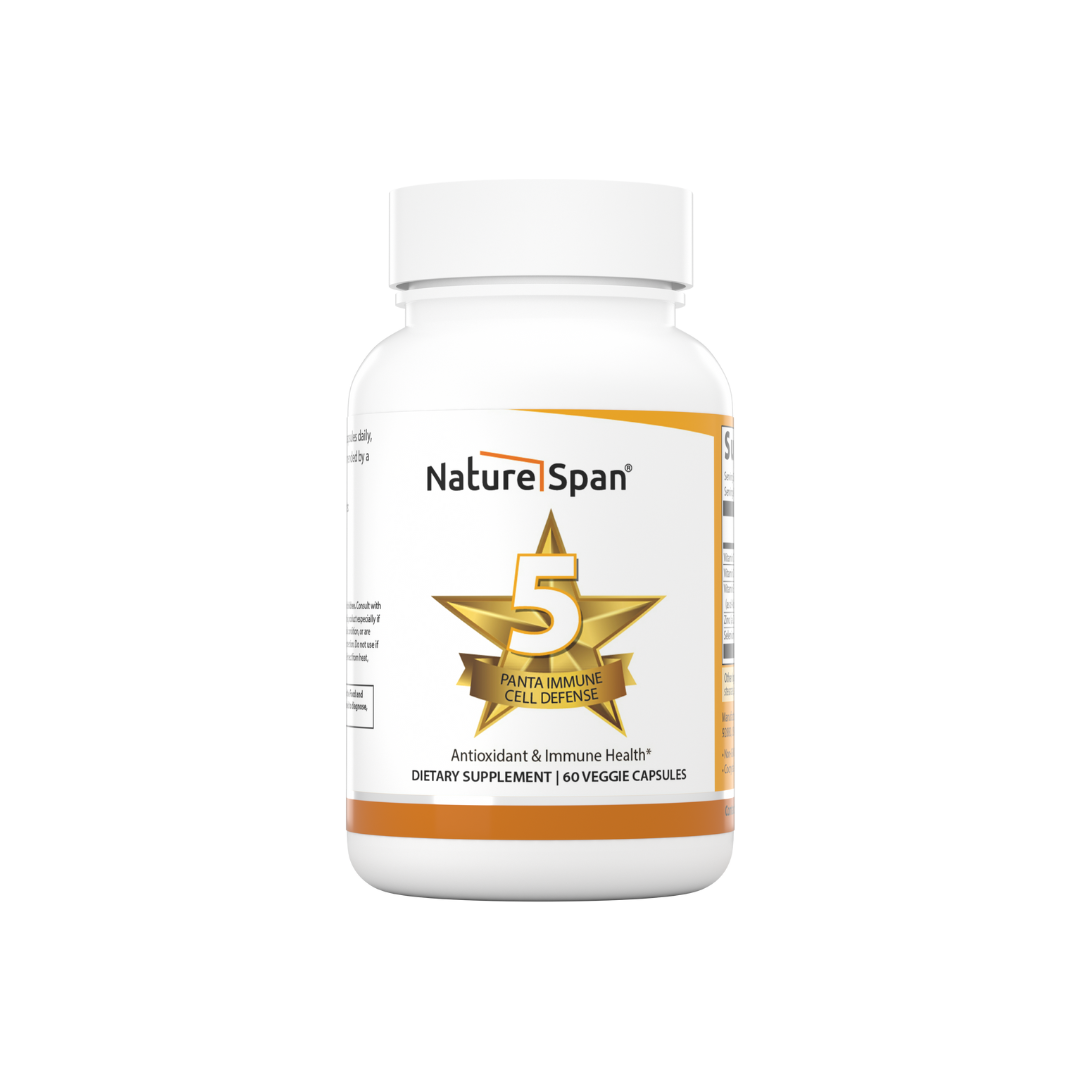 A bottle of Nature Span® Immune Cell Defense 5 supplement with white and gold label, featuring a star symbol and text.