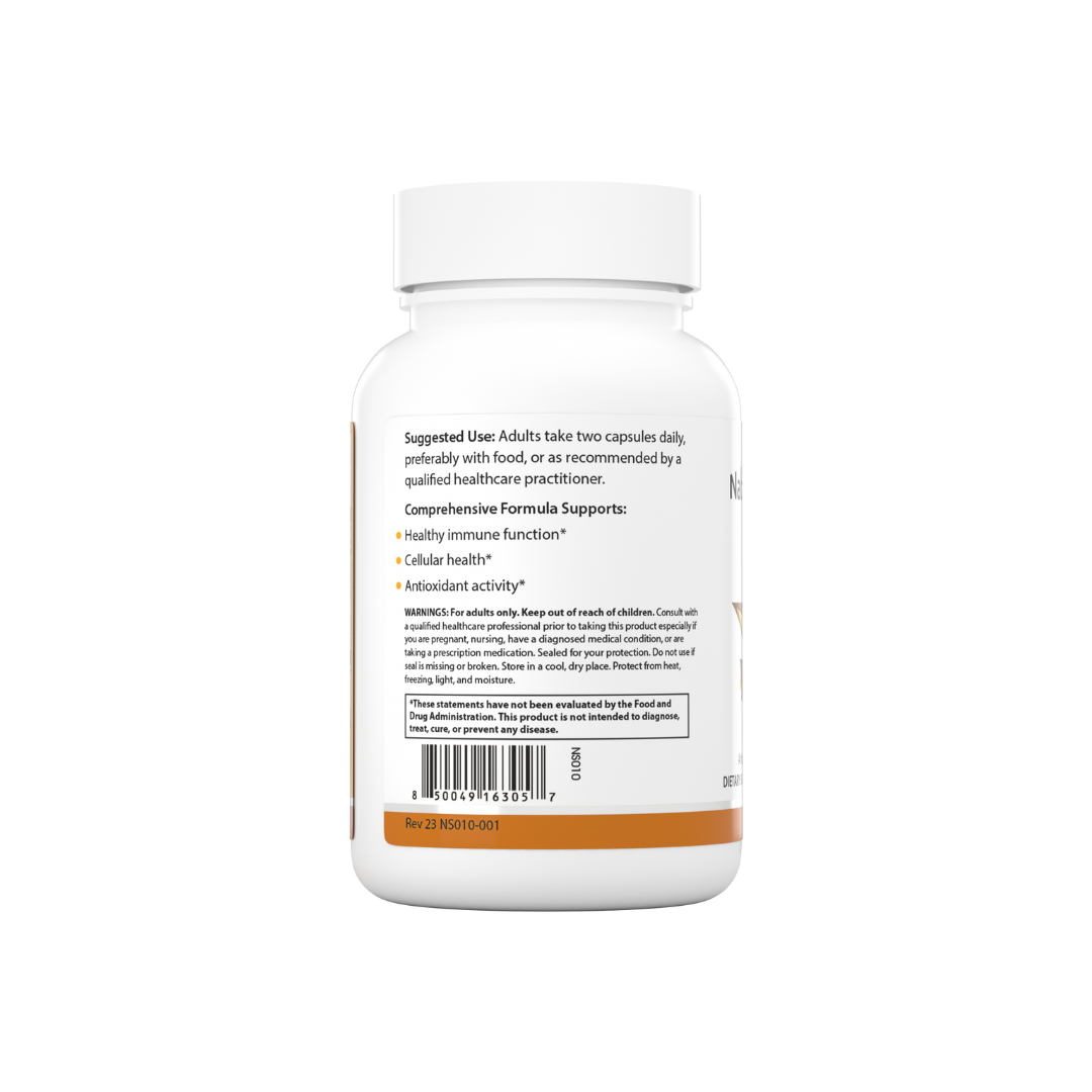 The backside of a bottle of Nature Span® Immune Cell Defense 5 supplement with white and gold label, featuring a star symbol and text.