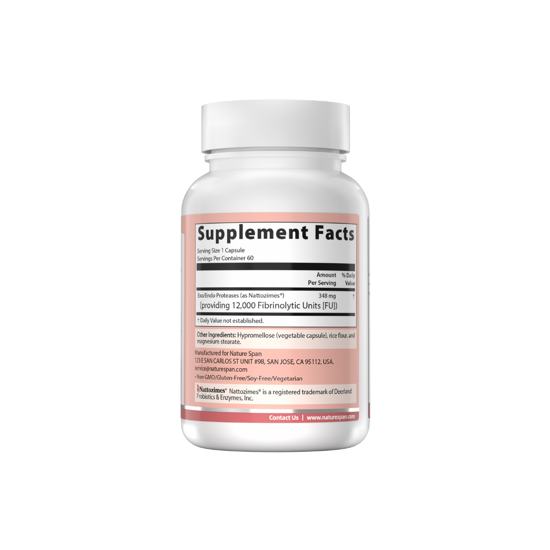 The supplement facts of NatureSpan® Nattozimes 12000 FU Super Strength, white and pink label with text and branding.