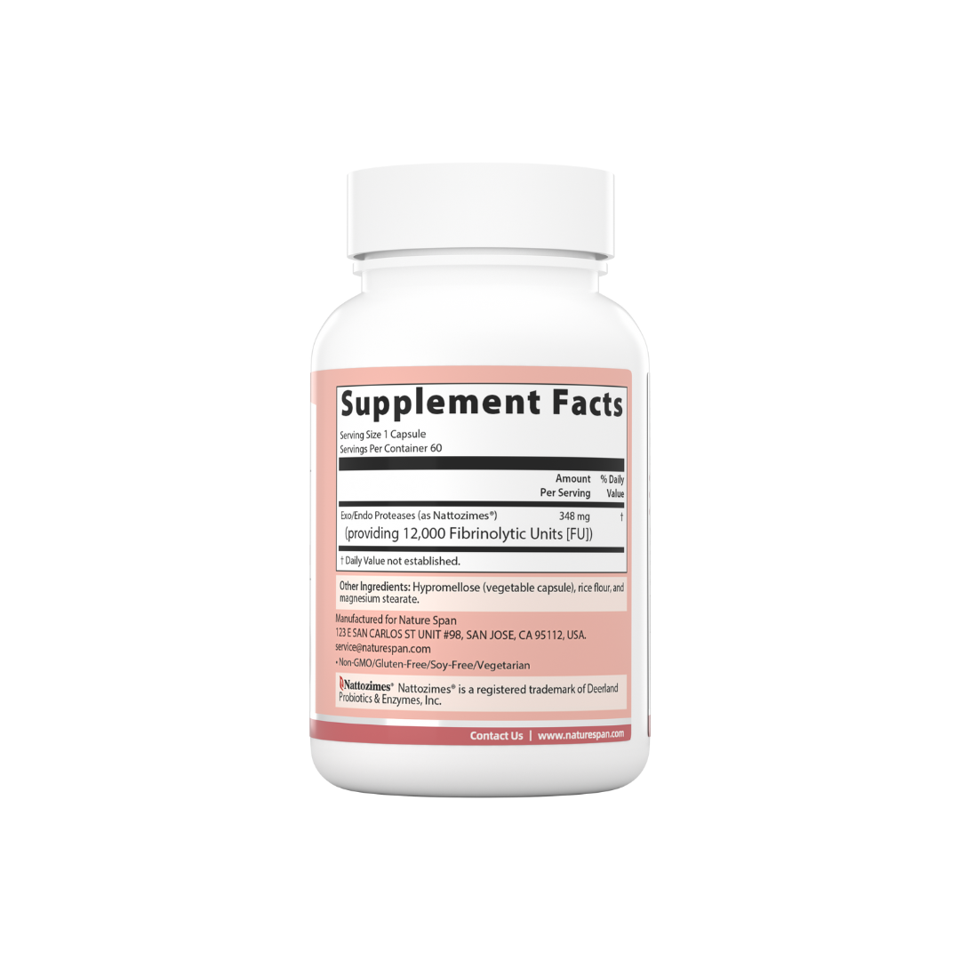 The supplement facts of Nature Span® Nattozimes 12000 FU Super Strength, white and pink label with text and branding.