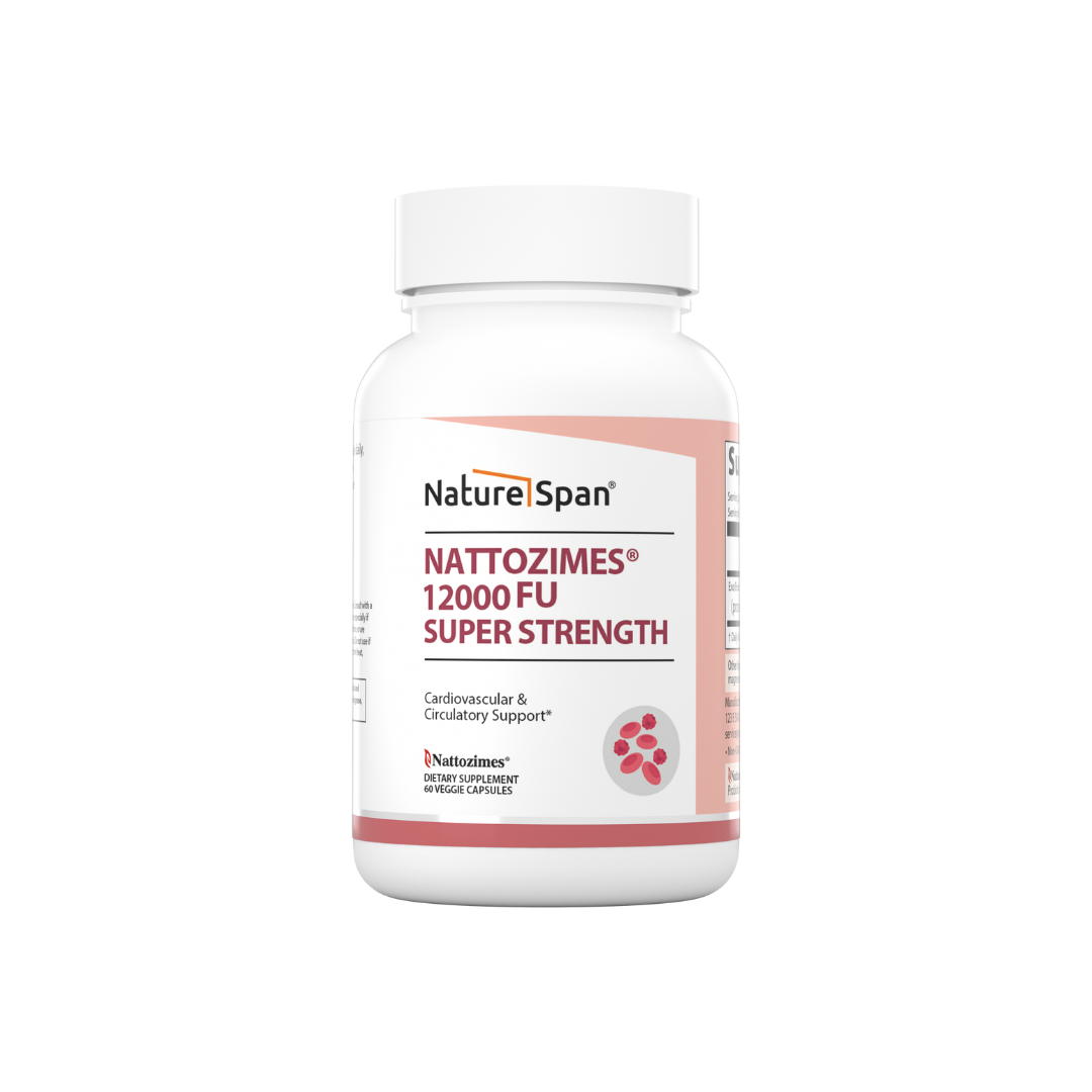 A bottle of Nature Span® Nattozimes 12000 FU Super Strength, white and pink label with text and branding.