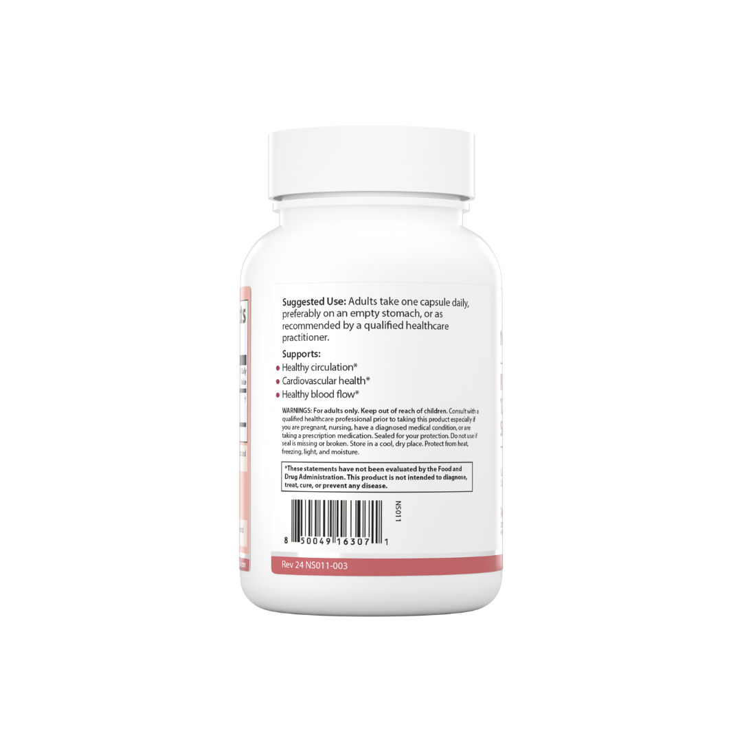 The backside of a bottle of Nature Span® Nattozimes 12000 FU Super Strength, white and pink label with text and branding.