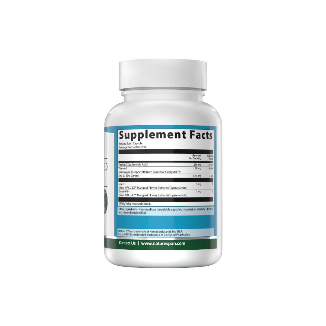 The supplement facts of NatureSpan® Blue Light Shield Eye Health supplement with white and green labeling.