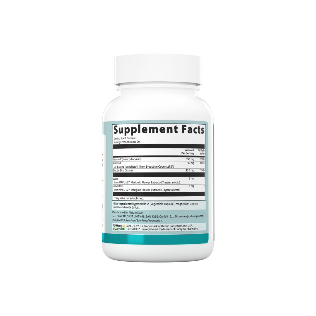 The supplement facts of Nature Span® Blue Light Shield Eye Health supplement with white and green labeling.