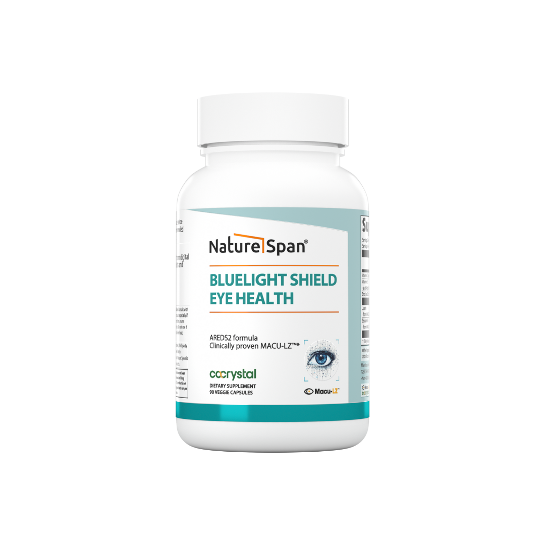 A bottle of Nature Span® Blue Light Shield Eye Health supplement with white and green labeling.