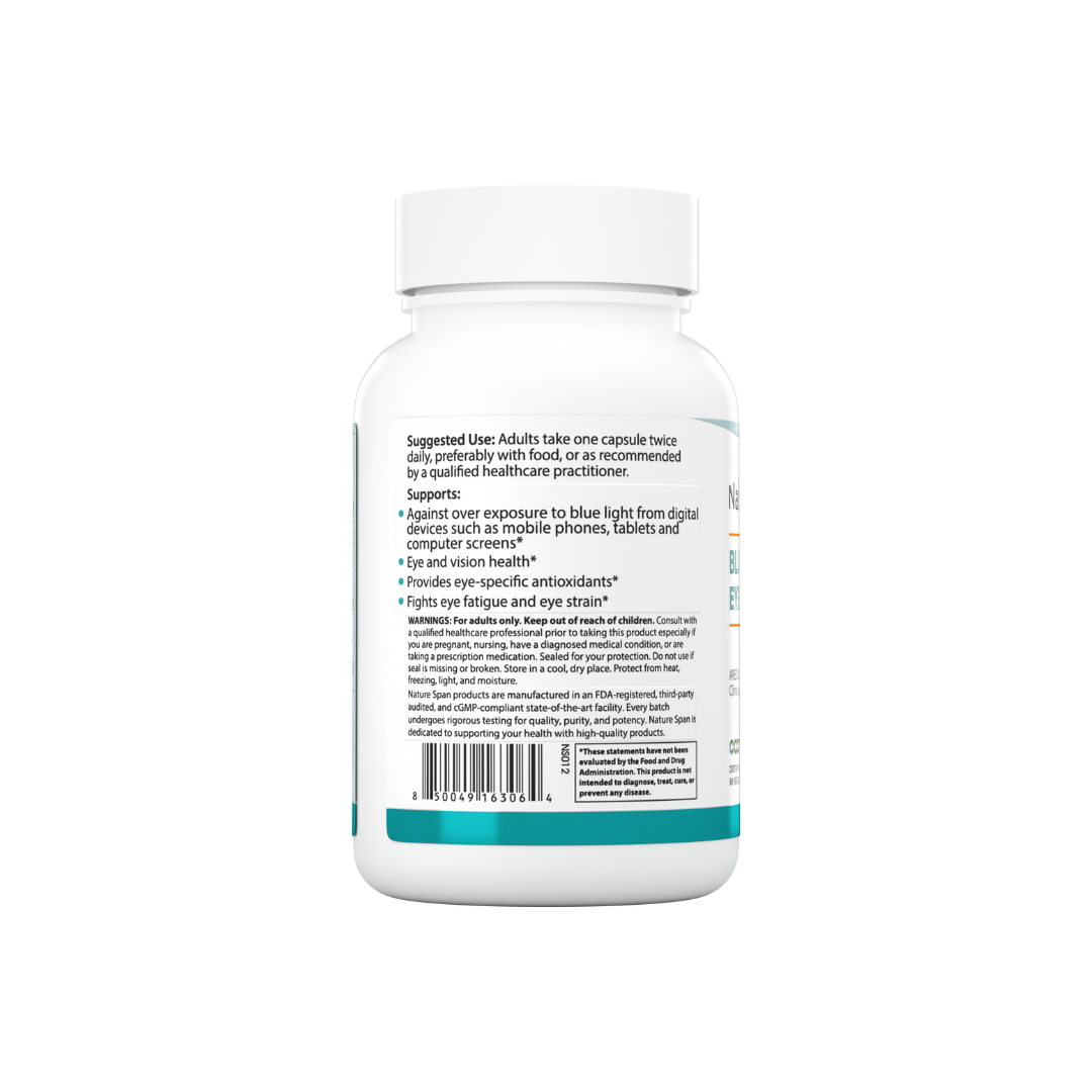The backside of Nature Span® Blue Light Shield Eye Health supplement with white and green labeling.
