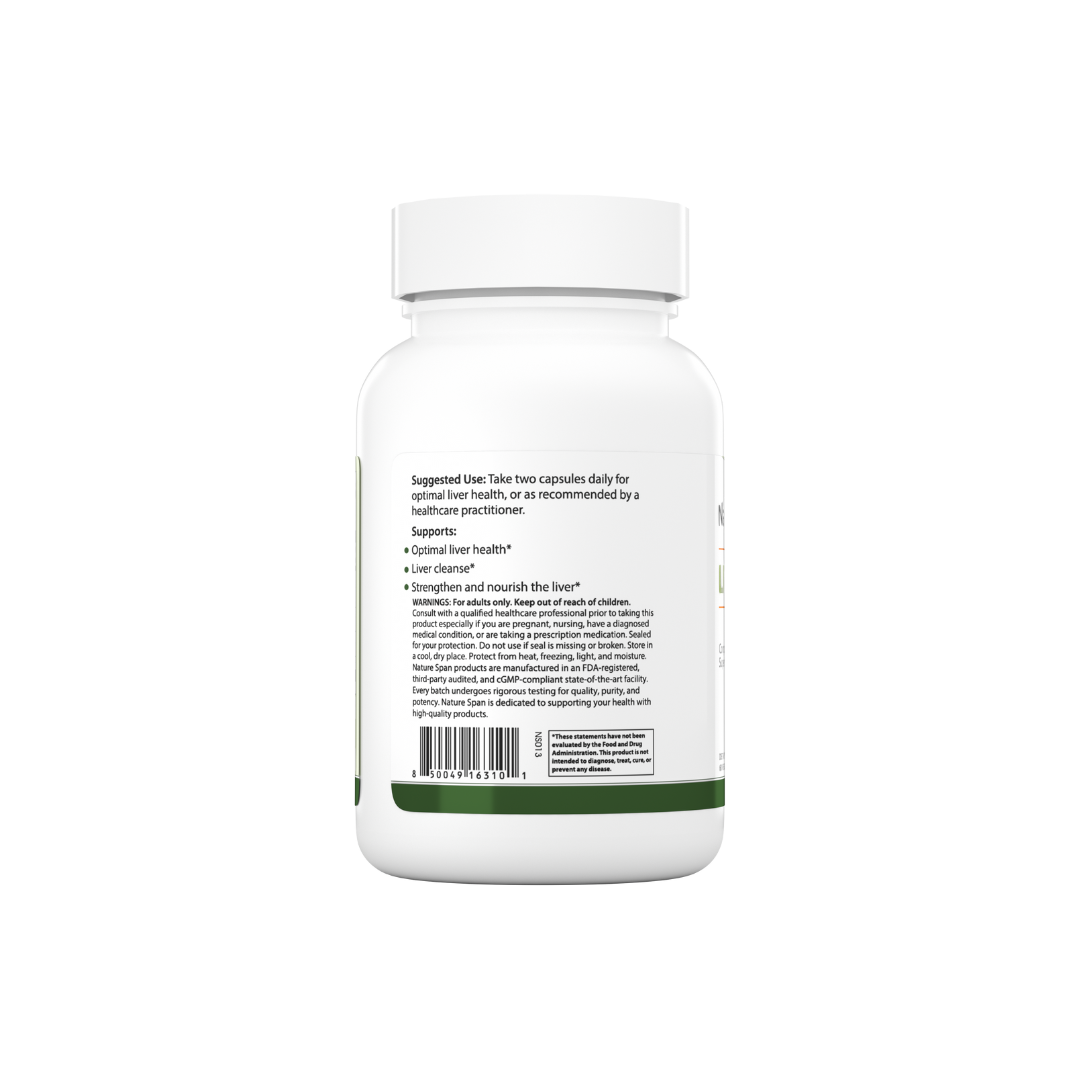 The backside of a bottle of Nature Span® Liver Detox supplement with white and green labeling.
