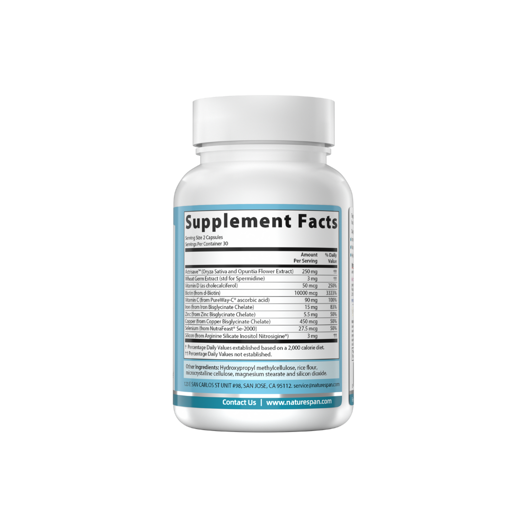 The supplement facts of NatureSpan® Hair Regenesis supplement, which contains ACTRISAVE and SPERMIDINE to support hair growth and health.