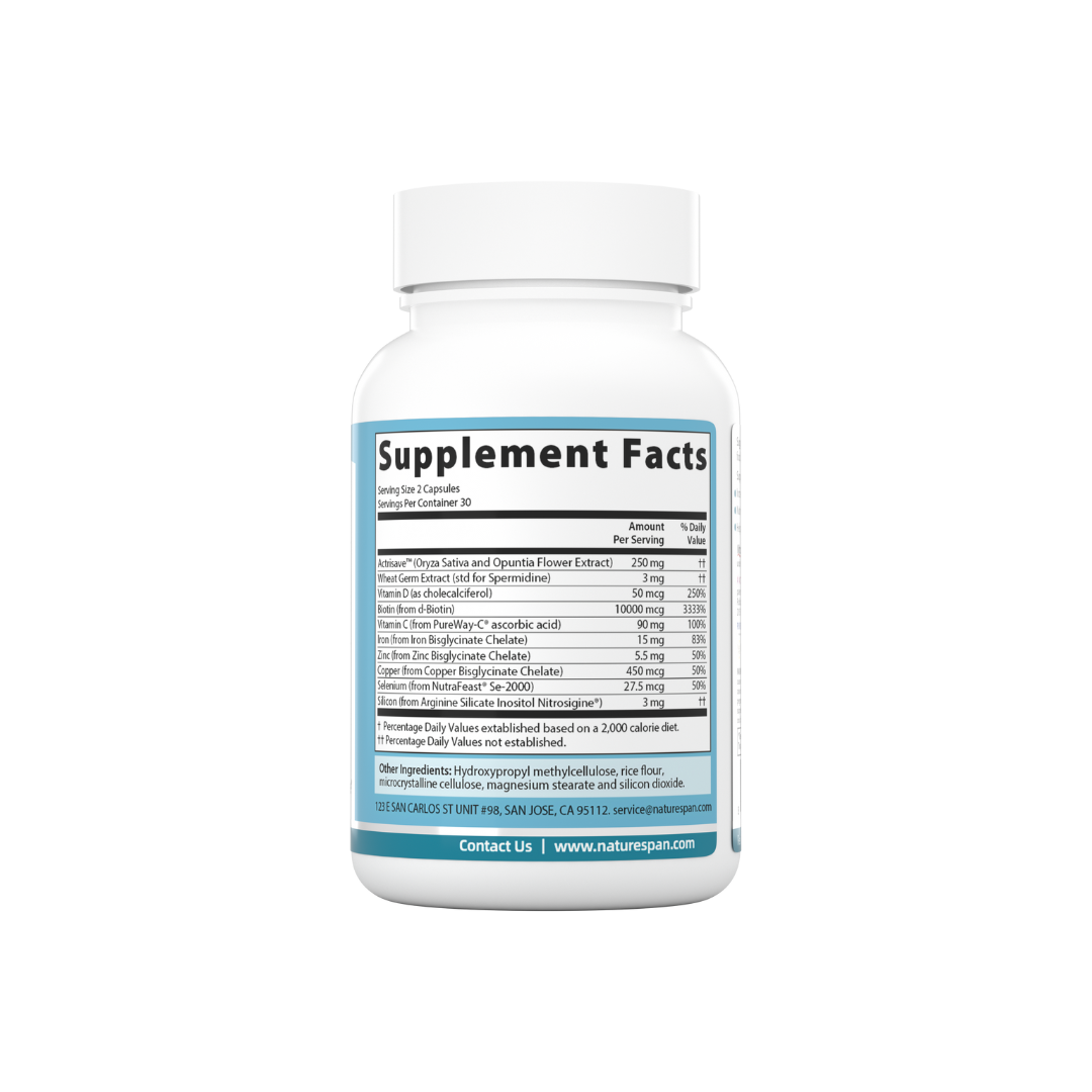 The supplement facts of Nature Span® Hair Regenesis supplement, which contains ACTRISAVE and SPERMIDINE to support hair growth and health.