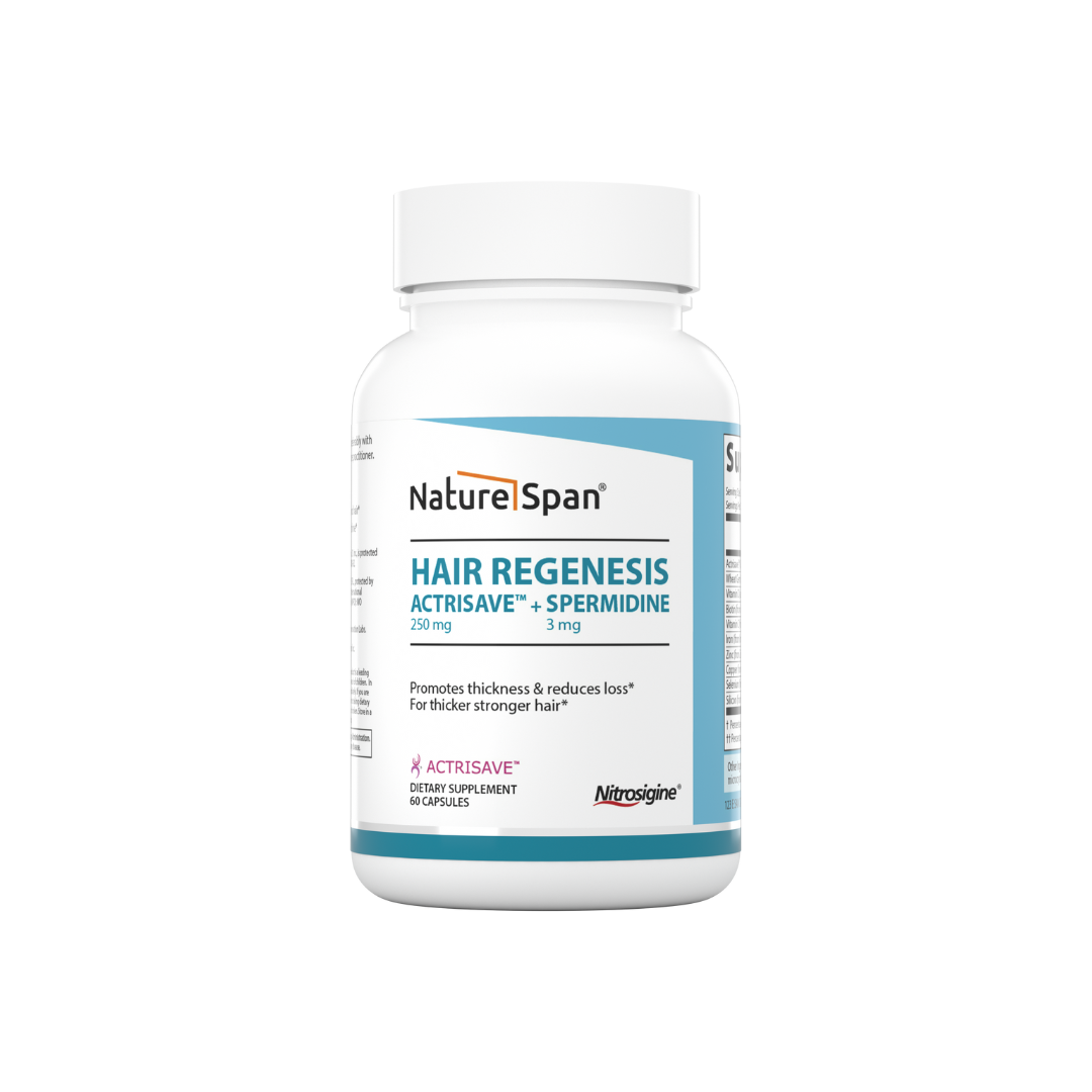 A bottle of Nature Span® Hair Regenesis supplement, which contains ACTRISAVE and SPERMIDINE to support hair growth and health.