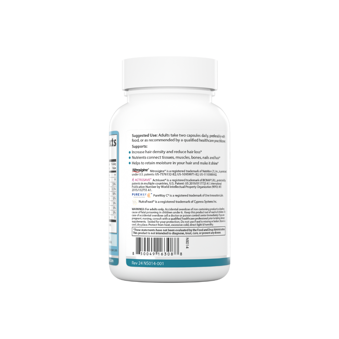 The backside of a bottle of Nature Span® Hair Regenesis supplement, which contains ACTRISAVE and SPERMIDINE to support hair growth and health.