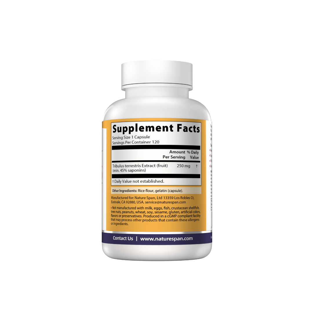 The supplement facts of NatureSpan® Double Strength Tribulus dietary supplement with white and purple label.