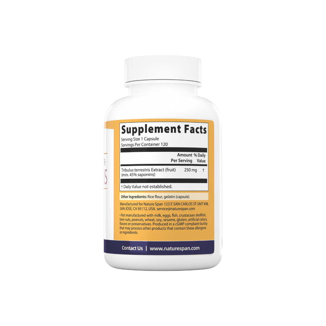 The supplement facts of Nature Span® Double Strength Tribulus dietary supplement with white and purple label.