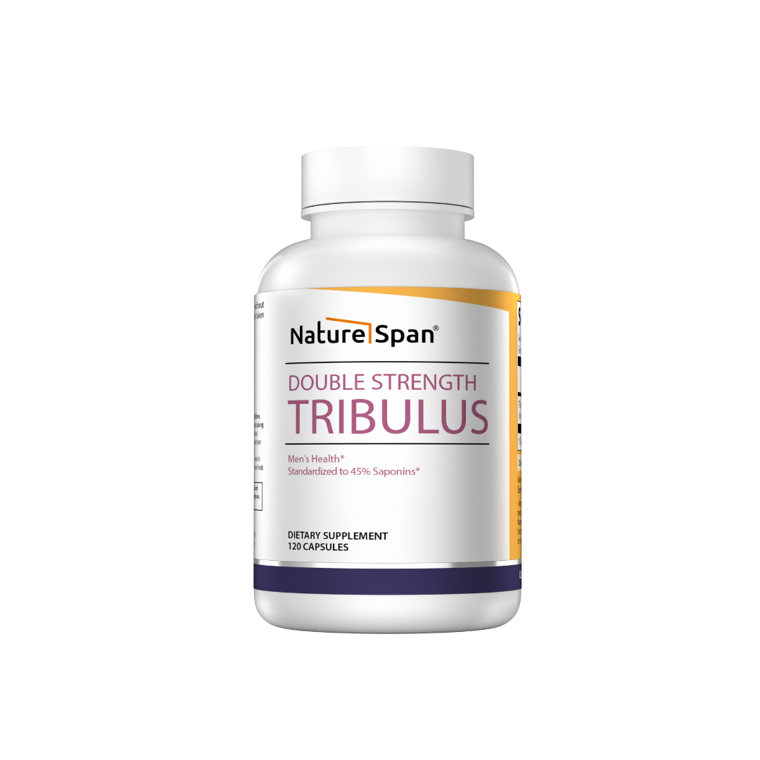 A bottle of NatureSpan® Double Strength Tribulus dietary supplement with white and purple label.