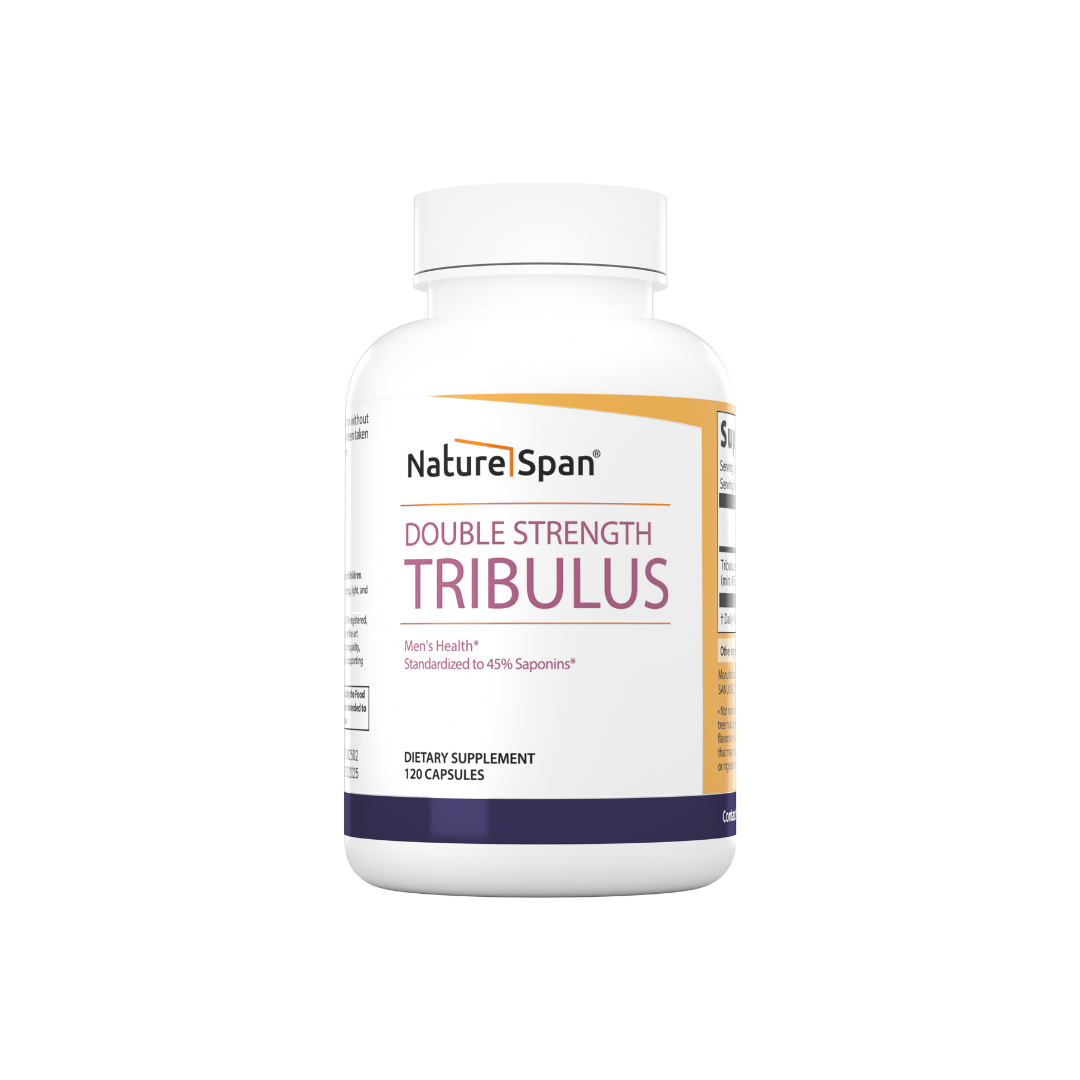 A bottle of Nature Span® Double Strength Tribulus dietary supplement with white and purple label.