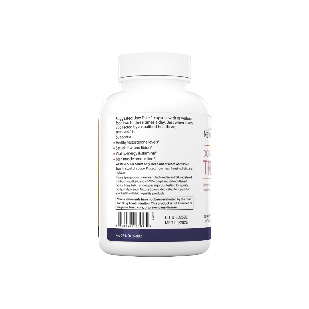 The backside of a bottle of Nature Span® Double Strength Tribulus dietary supplement with white and purple label.